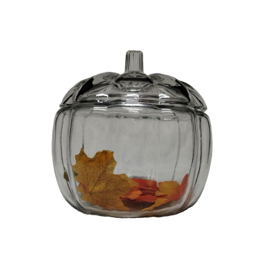 Glass Pumpkin-Shaped Candy‎ Jar With Lid - 7" Tall